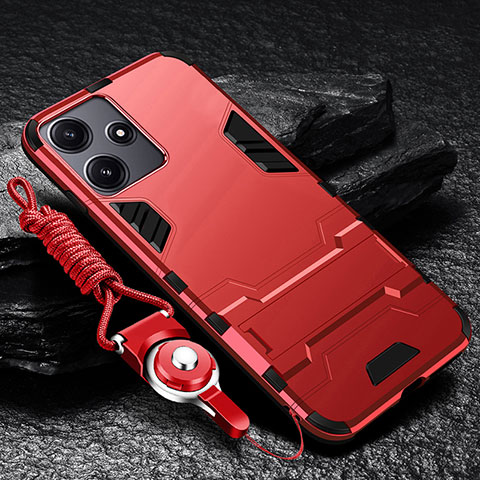 Custodia Silicone e Plastica Opaca Cover con Supporto R01 per Xiaomi Poco M6 Pro 5G Rosso