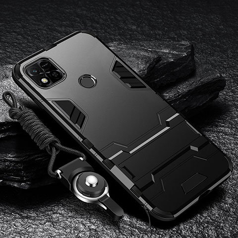 Custodia Silicone e Plastica Opaca Cover con Supporto R01 per Xiaomi Redmi 9 India Nero