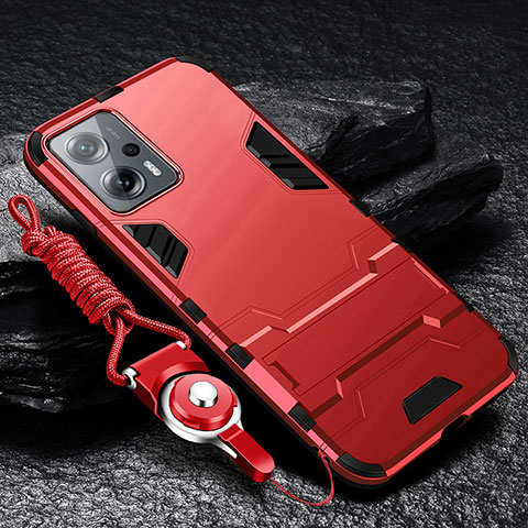 Custodia Silicone e Plastica Opaca Cover con Supporto R01 per Xiaomi Redmi Note 11T Pro 5G Rosso