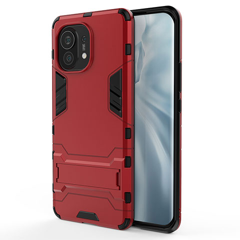 Custodia Silicone e Plastica Opaca Cover con Supporto R02 per Xiaomi Mi 11 Lite 5G Rosso