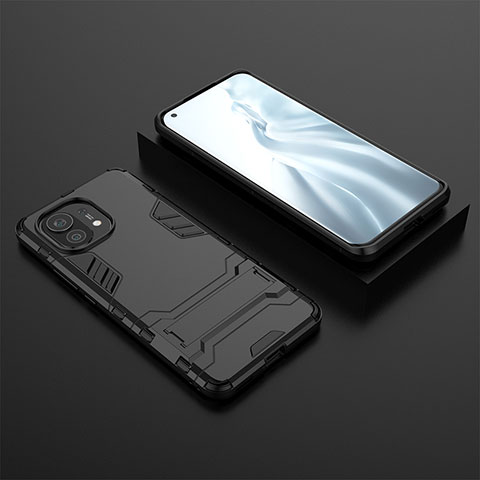 Custodia Silicone e Plastica Opaca Cover con Supporto R03 per Xiaomi Mi 11 Lite 5G NE Nero