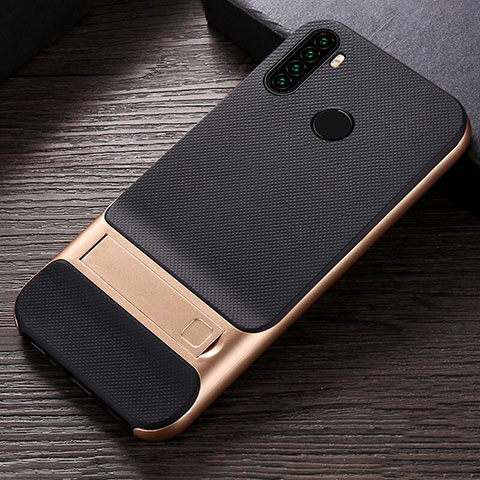 Custodia Silicone e Plastica Opaca Cover con Supporto R04 per Xiaomi Redmi Note 8 (2021) Oro