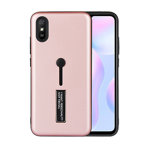 Custodia Silicone e Plastica Opaca Cover con Supporto R05 per Xiaomi Redmi 9A Oro Rosa