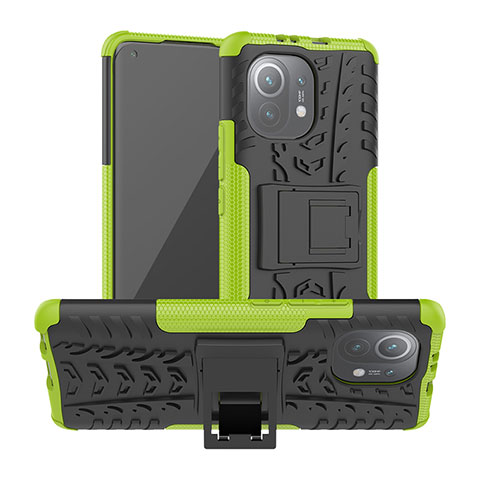 Custodia Silicone e Plastica Opaca Cover con Supporto R06 per Xiaomi Mi 11 Lite 4G Verde