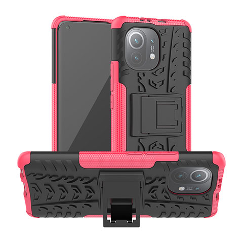 Custodia Silicone e Plastica Opaca Cover con Supporto R06 per Xiaomi Mi 11 Lite 5G Rosa Caldo