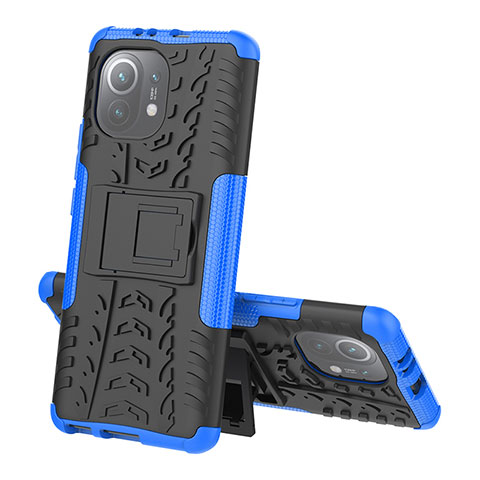 Custodia Silicone e Plastica Opaca Cover con Supporto R07 per Xiaomi Mi 11 5G Blu