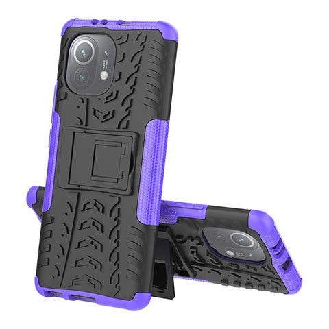 Custodia Silicone e Plastica Opaca Cover con Supporto R07 per Xiaomi Mi 11 Lite 5G NE Viola