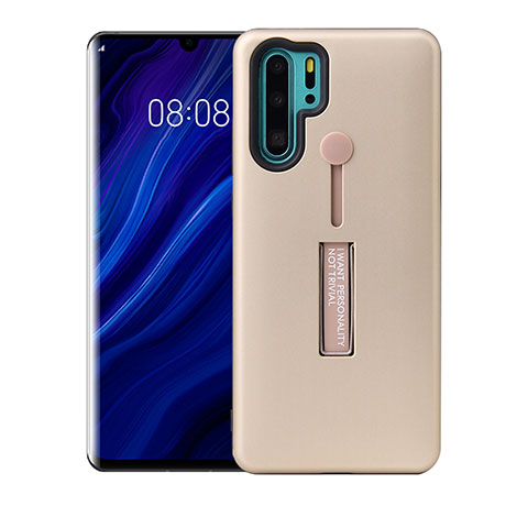 Custodia Silicone e Plastica Opaca Cover con Supporto T01 per Huawei P30 Pro Oro