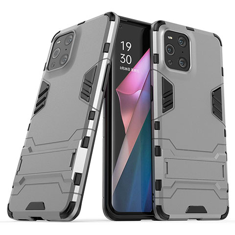 Custodia Silicone e Plastica Opaca Cover con Supporto T01 per Oppo Find X3 Pro 5G Grigio