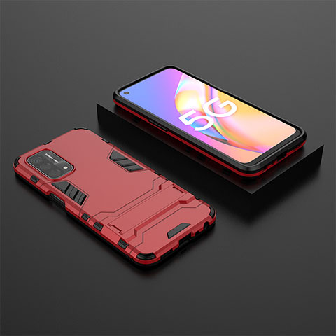 Custodia Silicone e Plastica Opaca Cover con Supporto T02 per Oppo A54 5G Rosso