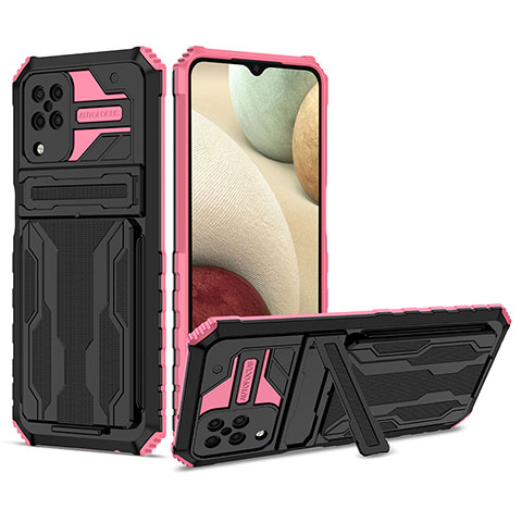 Custodia Silicone e Plastica Opaca Cover con Supporto YF1 per Samsung Galaxy F12 Oro Rosa