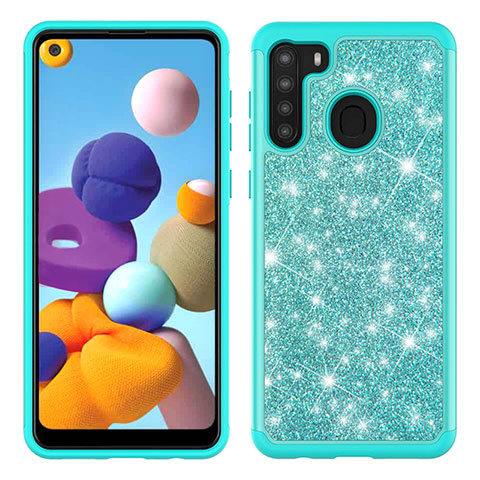 Custodia Silicone e Plastica Opaca Cover Fronte e Retro 360 Gradi Bling-Bling JX1 per Samsung Galaxy A21 Ciano