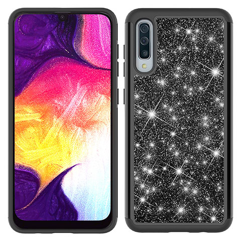 Custodia Silicone e Plastica Opaca Cover Fronte e Retro 360 Gradi Bling-Bling JX1 per Samsung Galaxy A50S Nero