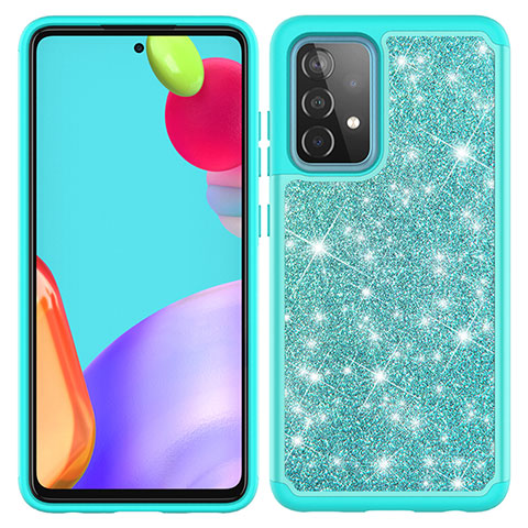 Custodia Silicone e Plastica Opaca Cover Fronte e Retro 360 Gradi Bling-Bling JX1 per Samsung Galaxy A52 5G Ciano