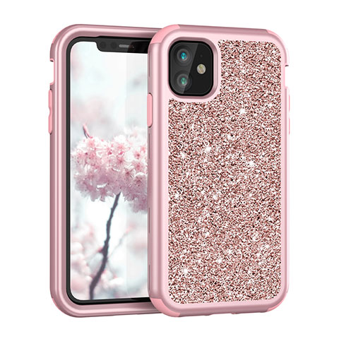 Custodia Silicone e Plastica Opaca Cover Fronte e Retro 360 Gradi Bling-Bling per Apple iPhone 11 Oro Rosa