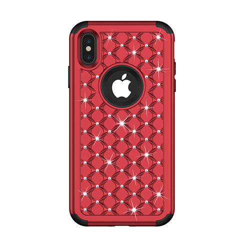 Custodia Silicone e Plastica Opaca Cover Fronte e Retro 360 Gradi Bling-Bling per Apple iPhone X Rosso