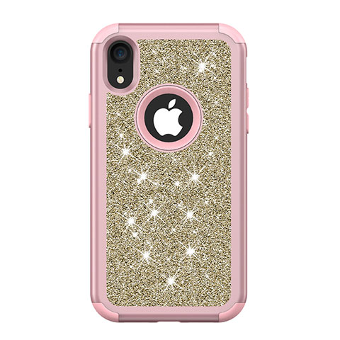 Custodia Silicone e Plastica Opaca Cover Fronte e Retro 360 Gradi Bling-Bling per Apple iPhone XR Rosa