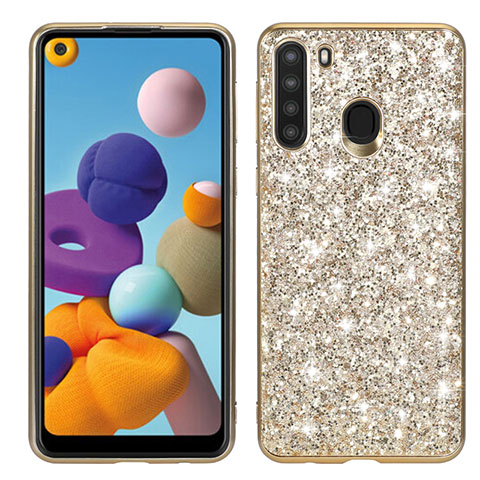 Custodia Silicone e Plastica Opaca Cover Fronte e Retro 360 Gradi Bling-Bling per Samsung Galaxy A21 Oro