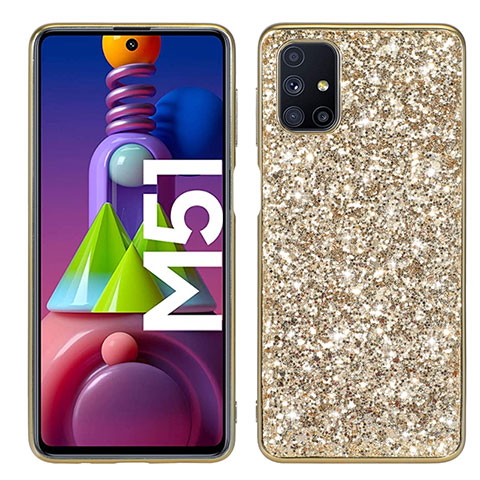 Custodia Silicone e Plastica Opaca Cover Fronte e Retro 360 Gradi Bling-Bling per Samsung Galaxy M51 Oro