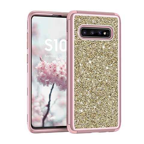 Custodia Silicone e Plastica Opaca Cover Fronte e Retro 360 Gradi Bling-Bling per Samsung Galaxy S10 5G Rosa