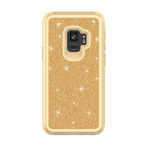 Custodia Silicone e Plastica Opaca Cover Fronte e Retro 360 Gradi Bling-Bling per Samsung Galaxy S9 Oro