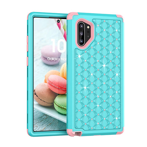 Custodia Silicone e Plastica Opaca Cover Fronte e Retro 360 Gradi Bling-Bling U01 per Samsung Galaxy Note 10 Plus 5G Ciano