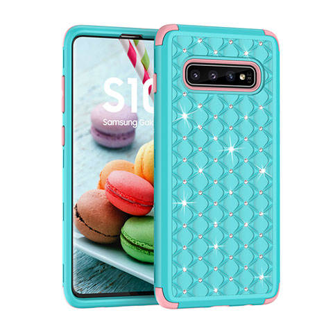 Custodia Silicone e Plastica Opaca Cover Fronte e Retro 360 Gradi Bling-Bling U01 per Samsung Galaxy S10 5G Ciano