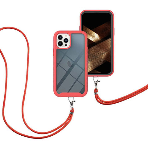 Custodia Silicone e Plastica Opaca Cover Fronte e Retro 360 Gradi con Cinghia Cordino Mano per Apple iPhone 16 Pro Max Rosso