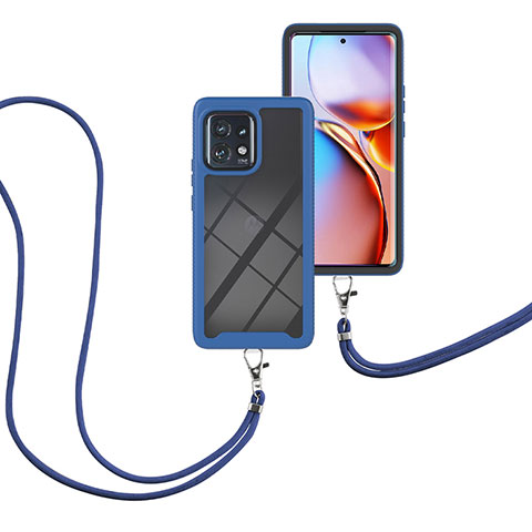 Custodia Silicone e Plastica Opaca Cover Fronte e Retro 360 Gradi con Cinghia Cordino Mano per Motorola Moto Edge 40 Pro 5G Blu