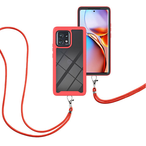 Custodia Silicone e Plastica Opaca Cover Fronte e Retro 360 Gradi con Cinghia Cordino Mano per Motorola Moto Edge Plus (2023) 5G Rosso