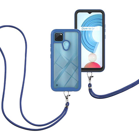 Custodia Silicone e Plastica Opaca Cover Fronte e Retro 360 Gradi con Cinghia Cordino Mano per Realme C21Y Blu