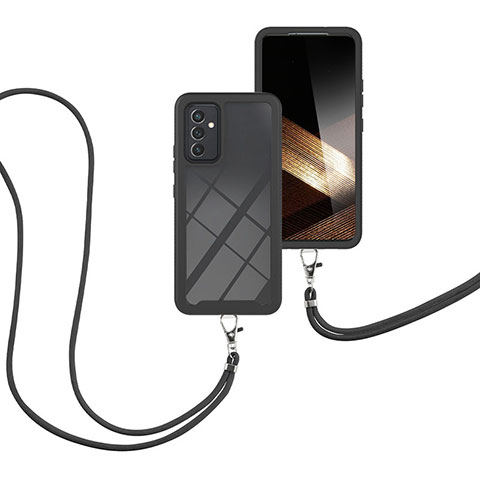 Custodia Silicone e Plastica Opaca Cover Fronte e Retro 360 Gradi con Cinghia Cordino Mano per Samsung Galaxy A15 4G Nero