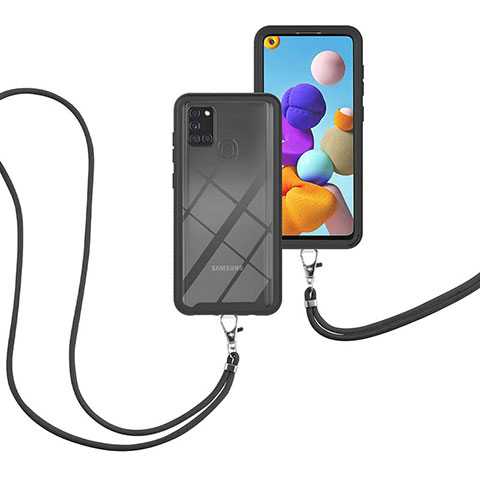 Custodia Silicone e Plastica Opaca Cover Fronte e Retro 360 Gradi con Cinghia Cordino Mano per Samsung Galaxy A21s Nero