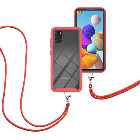 Custodia Silicone e Plastica Opaca Cover Fronte e Retro 360 Gradi con Cinghia Cordino Mano per Samsung Galaxy A21s Rosso
