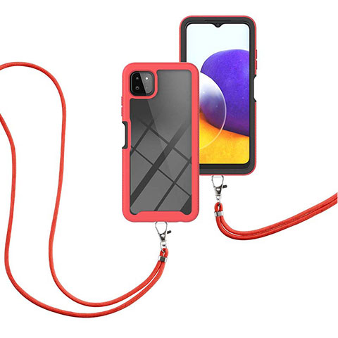 Custodia Silicone e Plastica Opaca Cover Fronte e Retro 360 Gradi con Cinghia Cordino Mano per Samsung Galaxy A22s 5G Rosso