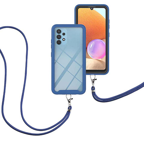 Custodia Silicone e Plastica Opaca Cover Fronte e Retro 360 Gradi con Cinghia Cordino Mano per Samsung Galaxy A32 5G Blu