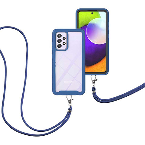 Custodia Silicone e Plastica Opaca Cover Fronte e Retro 360 Gradi con Cinghia Cordino Mano per Samsung Galaxy A52 4G Blu