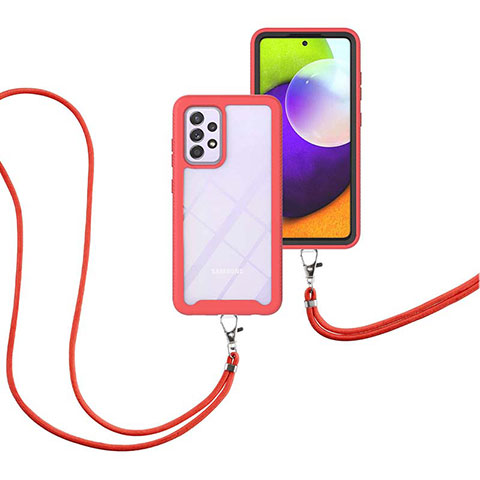 Custodia Silicone e Plastica Opaca Cover Fronte e Retro 360 Gradi con Cinghia Cordino Mano per Samsung Galaxy A52s 5G Rosso