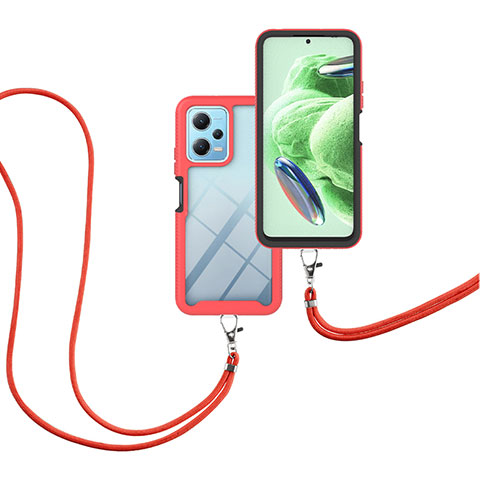 Custodia Silicone e Plastica Opaca Cover Fronte e Retro 360 Gradi con Cinghia Cordino Mano per Xiaomi Poco X5 5G Rosso