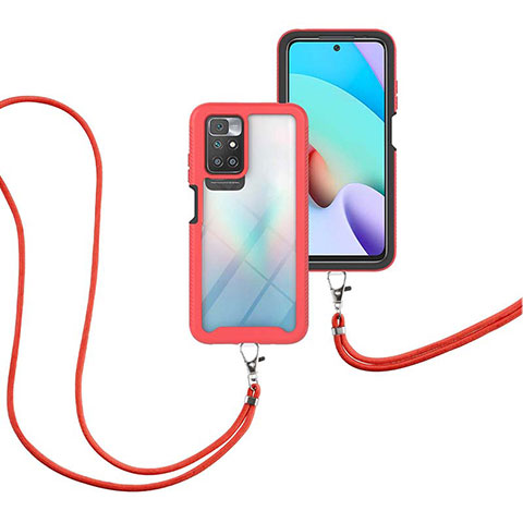 Custodia Silicone e Plastica Opaca Cover Fronte e Retro 360 Gradi con Cinghia Cordino Mano per Xiaomi Redmi 10 (2022) Rosso