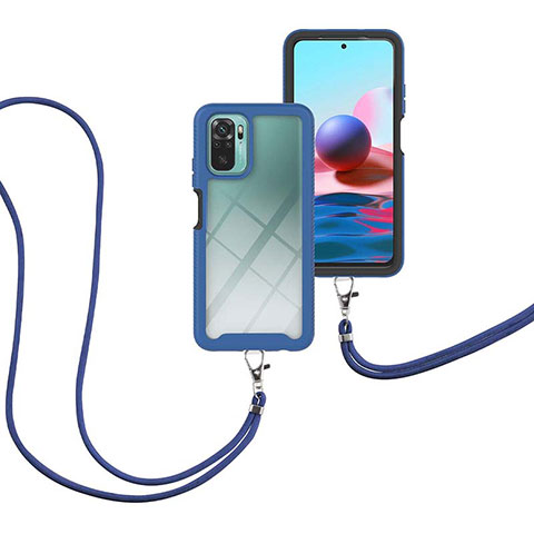 Custodia Silicone e Plastica Opaca Cover Fronte e Retro 360 Gradi con Cinghia Cordino Mano per Xiaomi Redmi Note 10 4G Blu