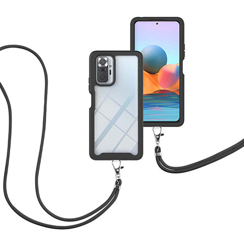 Custodia Silicone e Plastica Opaca Cover Fronte e Retro 360 Gradi con Cinghia Cordino Mano per Xiaomi Redmi Note 10 Pro Max Nero