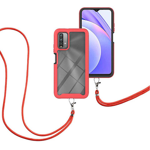 Custodia Silicone e Plastica Opaca Cover Fronte e Retro 360 Gradi con Cinghia Cordino Mano per Xiaomi Redmi Note 9 4G Rosso