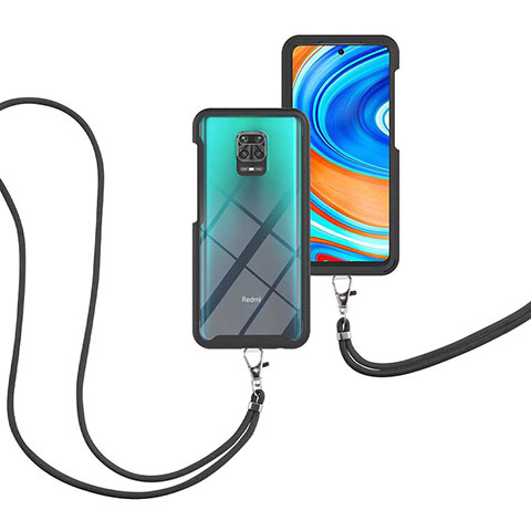 Custodia Silicone e Plastica Opaca Cover Fronte e Retro 360 Gradi con Cinghia Cordino Mano per Xiaomi Redmi Note 9 Pro Max Nero