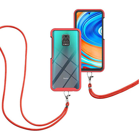 Custodia Silicone e Plastica Opaca Cover Fronte e Retro 360 Gradi con Cinghia Cordino Mano per Xiaomi Redmi Note 9S Rosso