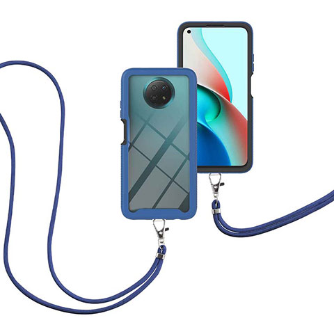 Custodia Silicone e Plastica Opaca Cover Fronte e Retro 360 Gradi con Cinghia Cordino Mano per Xiaomi Redmi Note 9T 5G Blu