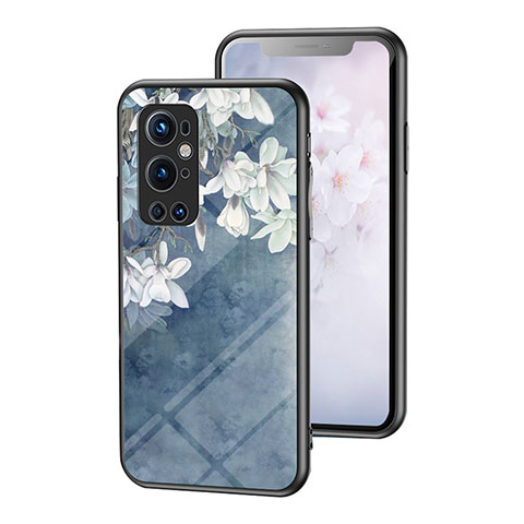 Custodia Silicone Gel Laterale Fiori Specchio Cover per OnePlus 9 Pro 5G Blu