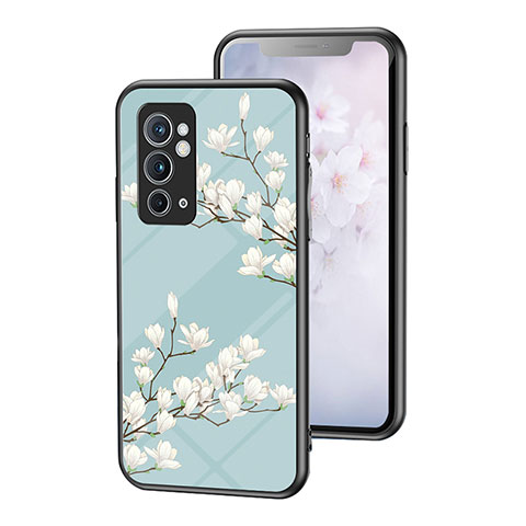 Custodia Silicone Gel Laterale Fiori Specchio Cover per OnePlus 9RT 5G Ciano