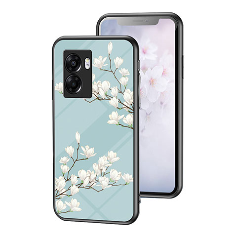 Custodia Silicone Gel Laterale Fiori Specchio Cover per Oppo A56S 5G Ciano