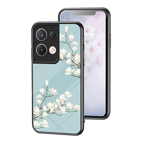 Custodia Silicone Gel Laterale Fiori Specchio Cover per Oppo Reno8 Pro 5G Ciano